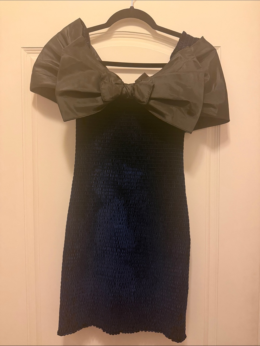 Petersyn Navy Blue Off-Shoulder Mini Dress with Statement Bow